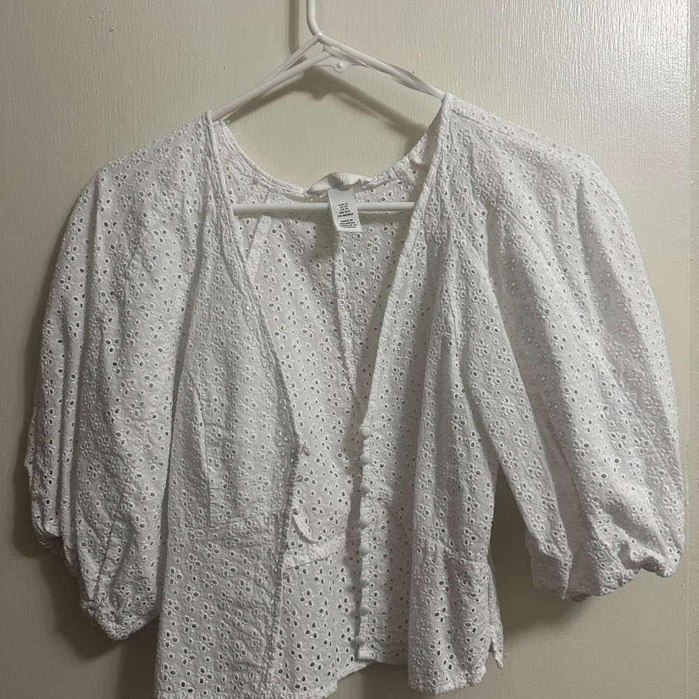 H&M White Bib Collar Ruffled Blouse